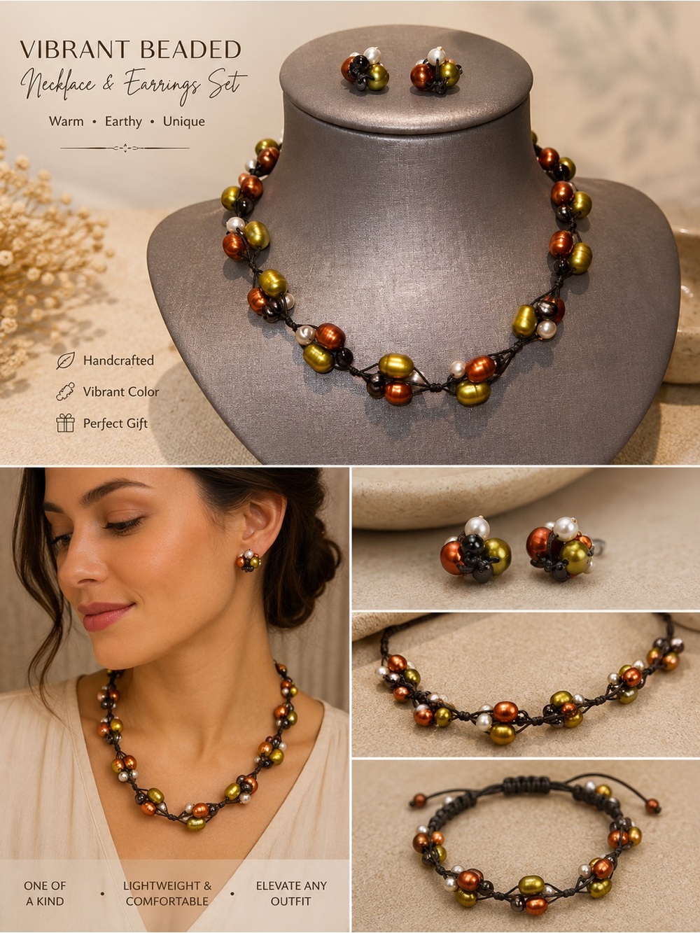 Vibrant Beaded Necklace, Earring, Bracelet Set